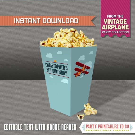 Airplane Party Popcorn Box - INSTANT DOWNLOAD- Airplane Birthday - Airplane Party Decoration - Edit and print at home with Adobe Reader Il_570xn
