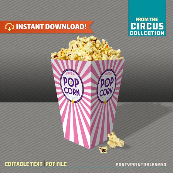 Circus Party Popcorn Box - INSTANT DOWNLOAD- Canival Birthday - Circus Party Decoration - Carnival Popcorn - Edit and print at home Il_570xn