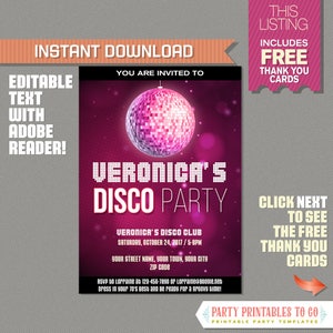 Invitation à une soirée disco avec carte de remerciement GRATUITE - TÉLÉCHARGEMENT INSTANTANÉ - Anniversaire Disco - Soirée dansante - Modifier et imprimer à la maison avec Adobe Reader