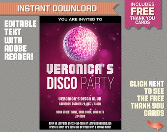 Disco Party Invitation with FREE Thank you Card - INSTANT DOWNLOAD - Disco Birthday - Dance Party - Edit and print at home with Adobe Reader