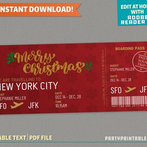 Viagem Surpresa Feliz Natal Cartão de Embarque - Bilhete Voo - Vale Presente | Férias de Férias - Download Instantâneo! - Edite e imprima em casa