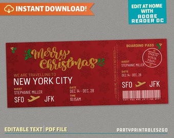 Surprise Trip Merry Christmas Boarding Pass - Ticket Flight - Gift Voucher | Holiday Vacation - Instant Download! - Edit and print at home