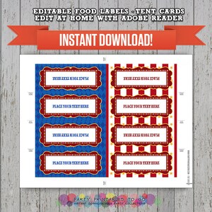 Circus Party Carnival Party Printable Tent Cards / Place Cards / Food Labels Fichier PDF modifiable Imprimer à la maison image 2