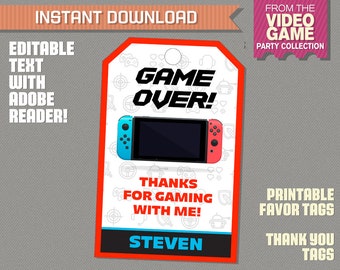 Video Game Favor Tag / Video Game Thank you Tag - (Red) INSTANT DOWNLOAD - Video Game Party - Edit and print with Adobe Reader