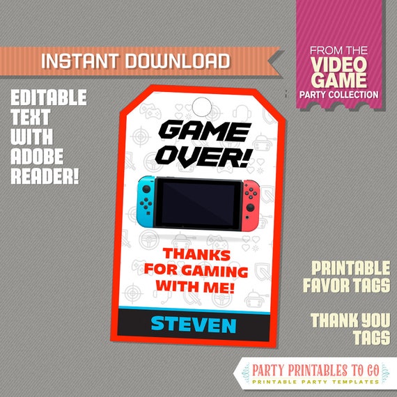 Video Game Favor Tag / Video Game Thank you Tag - (Red) INSTANT DOWNLOAD - Video Game Party - Edit and print with Adobe Reader Il_570xn