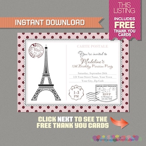 Convite de cartão postal de Paris com cartão de agradecimento GRATUITO! Convite de aniversário de Paris, convite de cartão postal - edite e imprima com Adobe Reader