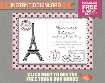 Paris Postcard Invitation with FREE Thank you Card! Paris Birthday Invitation, Postcard Invitation - Edit and print with Adobe Reader
