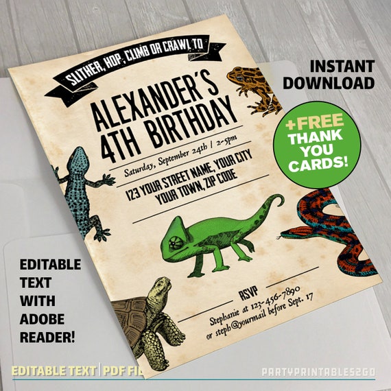 Reptile Party Invitation with FREE Thank you Card!- (with Chameleon) - INSTANT DOWNLOAD - Reptile Birthday - Reptile Party Decoration Il_570xn
