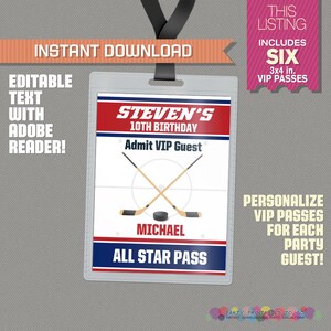 Ice Hockey Party All Star Pass printable Insert - Ice Hockey Birthday, Ice Hockey Party Vip Pass - Edit and print at home with Adobe Reader!