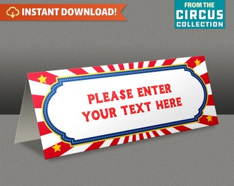 Circus Party - Carnival Party Printable Tent Cards / Place Cards / Food Labels - INSTANT DOWNLOAD - Edit and print at home