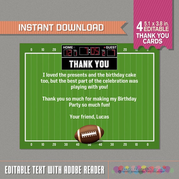 Football Thank You Card - Football Party - Football Birthday - Instant Download - Edit and print at home using Adobe Reader Il_570xn