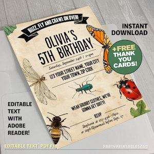 Uitnodiging voor feestje van Bug met GRATIS Bedankkaart! - INSTANT DOWNLOAD - Uitnodiging van insecten - Bug Verjaardag - Bug Party Decor - Thuis bewerken