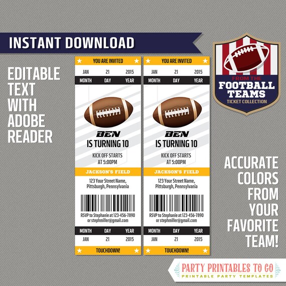 Football Ticket Invitation Template (Gold and Black) - INSTANT DOWNLOAD - Football Birthday Party - Edit and print with Adobe Reader Il_570xn