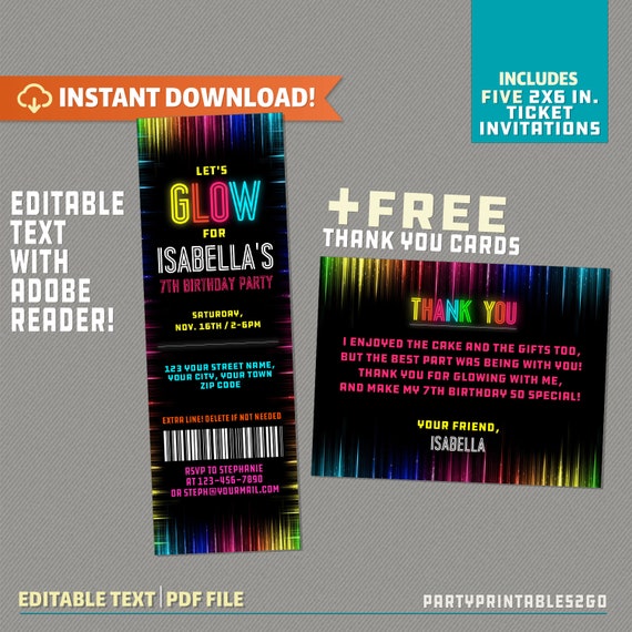Neon Glow Party Ticket Invitations with Free Thank you Cards - INSTANT DOWNLOAD - Glow in the Dark Party - Edit at home with Adobe Reader Il_570xn