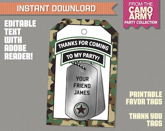 Army Party Favor Tag / Army Thank you Tag -  INSTANT DOWNLOAD - Camo Army Birthday - Edit and print at home with Adobe Reader