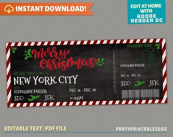 Surprise Trip Merry Christmas Boarding Pass II - Ticket Flight - Gift Voucher | Holiday Vacation - Instant Download! - Edit & print at home