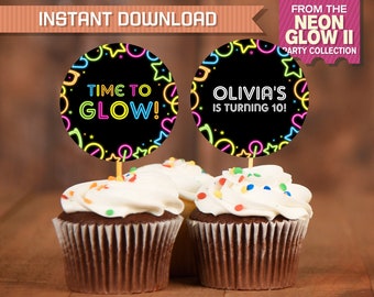 Neon Glow II Party Cupcake Toppers - INSTANT DOWLOAD - Neon Glow Labels - Glow in the Dark Party - Edit and print at home with Adobe Reader