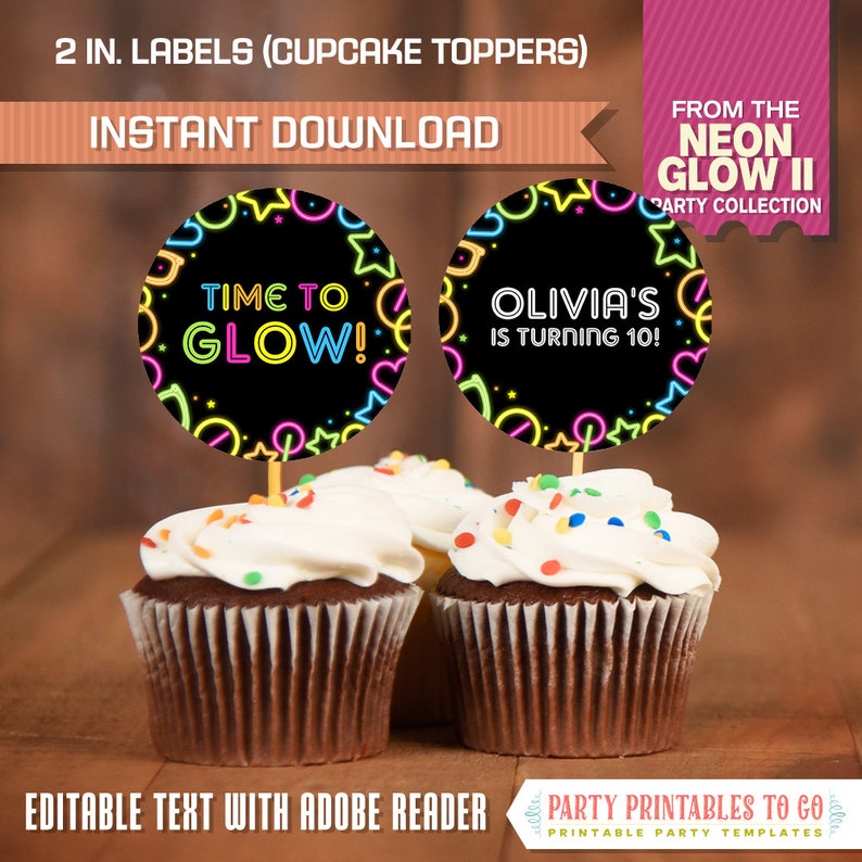 Neon Glow II Party Cupcake Toppers INSTANT DOWLOAD Neon Etsy