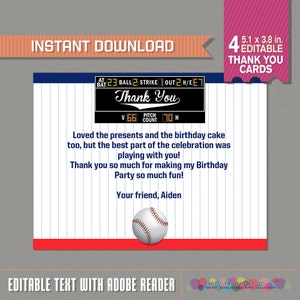 Baseball Thank You Card - Baseball Party - Baseball Birthday - Instant Download - Edit and print at home using Adobe Reader