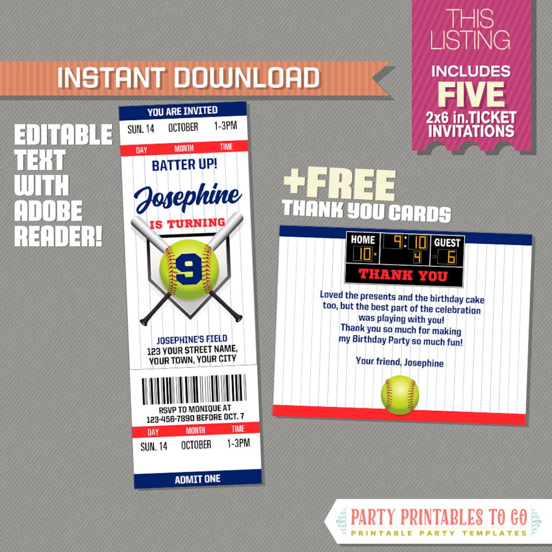 Softball Ticket Invitations With FREE Thank You Card! - Softball ...