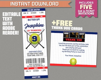 Softball Ticket Invitations with FREE Thank you Card! - Softball Birthday, Softball Party Invitation - Edit and print with Adobe Reader