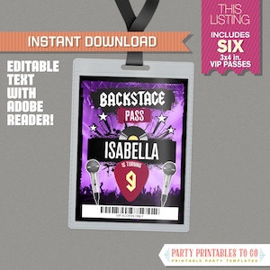 Rockstar Party Backstage Pass printable Insert (Purple) - Rockstar Birthday VIP Pass - INSTANT DOWNLOAD! - Edit and print at home