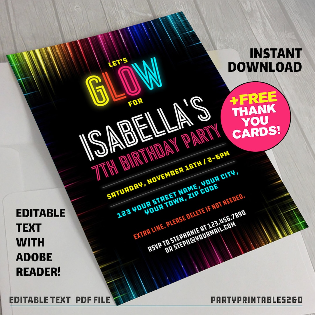 Neon Glow Party Invitation IV With Free Thank You Cards! - INSTANT ...