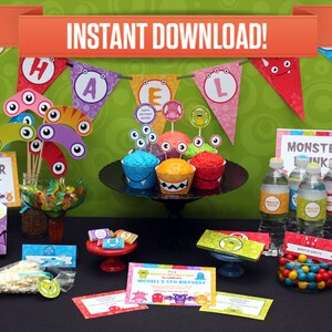 Monster Bash Birthday Party Printable Collection & Invitation - Editable PDF file - Print at home