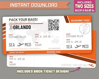 Editable Airplane Boarding Pass (Orange) - Surprise Trip Airline Ticket - Flight Gift Voucher - Instant Download! - Edit and print at home