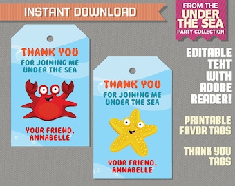 Under The Sea Party Favor Tag / Under The Sea Thank you Tag - Under the Sea Birthday - Edit and print at home with Adobe Reader