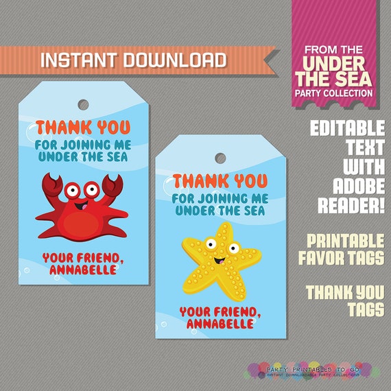 Under The Sea Party Favor Tag / Under The Sea Thank you Tag - Under the Sea Birthday - Edit and print at home with Adobe Reader Il_570xn