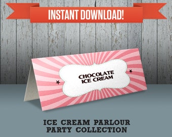 Ice Cream Parlour Party Printable Tent Cards / Place Cards / Food Labels - Editable PDF file - Print at home