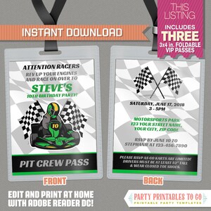 Go Kart Birthday Party VIP Pass Invitations (Green) - INSTANT DOWNLOAD - Go Kart Party Vip Pass - Edit and print at home with Adobe Reader!