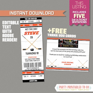 Ice Hockey Ticket Invitation with FREE Thank you Card! (Orange and Black) - Ice Hockey Birthday - Edit and print with Adobe Reader