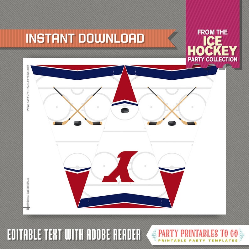 Ice Hockey Party Banner w/ Spacers Ice Hockey Party Ice Hockey Decoration INSTANT DOWNLOAD Edit and print at home with Adobe Reader image 3