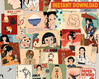 50 Adesivos Vintage Japoneses da Era Showa | Adesivos de Arte Tradicional para Papelaria e Scrapbooking - DOWNLOAD INSTANTÂNEO
