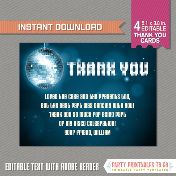 Disco Party Thank You Card (Blue) - INSTANT DOWNLOAD - Disco Party - Disco Birthday - Edit and print at home using Adobe Reader Il_570xn