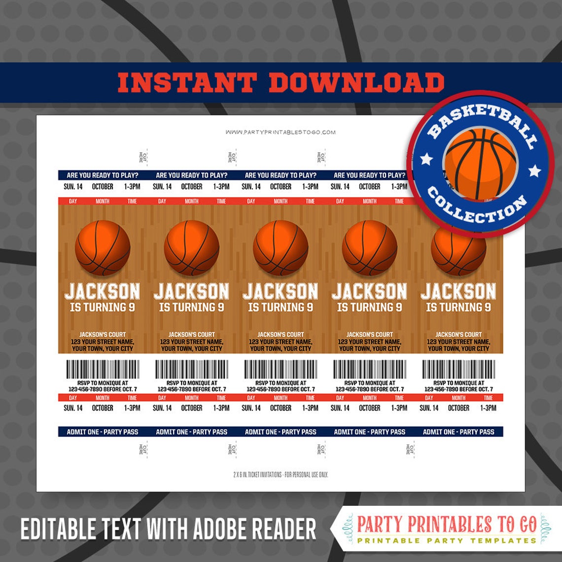 Basketball Ticket Invitation FREE Thank You Card blue | Etsy