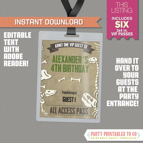 Dinosaur Bones Party Pass printable Insert - Dinosaur Party Vip Pass - Dinosaur Birthday - Edit and print at home with Adobe Reader! Il_570xn