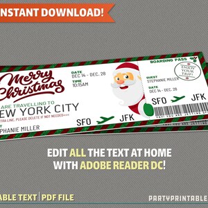 Surprise Trip Merry Christmas Boarding Pass Ticket Flight Gift Voucher Holiday Vacation Instant Download Edit and print at home image 2