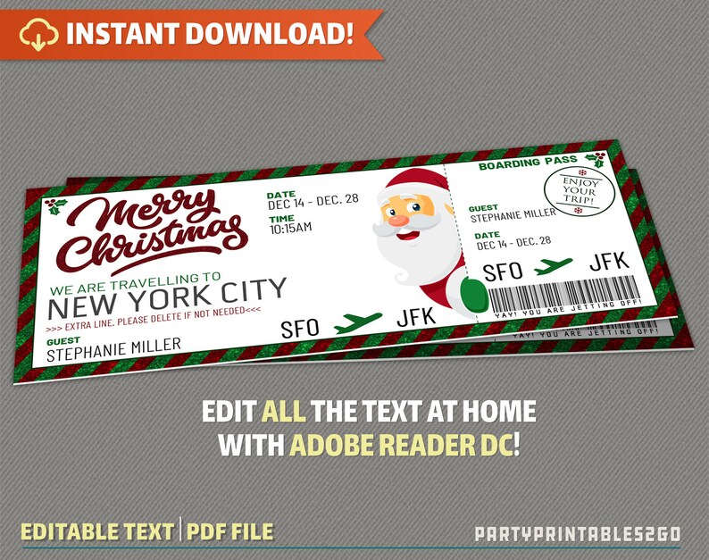 Surprise Trip Merry Christmas Boarding Pass Ticket Flight Gift Voucher Holiday Vacation Instant Download Edit and print at home image 2