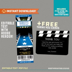 Uitnodiging voor een Red Carpet Party Ticket met GRATIS bedankkaart! (Lichtblauw) - INSTANT DOWNLOAD - Thuis bewerken en afdrukken met Adobe Reader