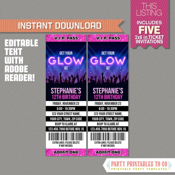 Neon Glow Party Ticket Invitation - INSTANT DOWNLOAD - Glow in the Dark Party - Edit and print at home with Adobe Reader Il_570xn