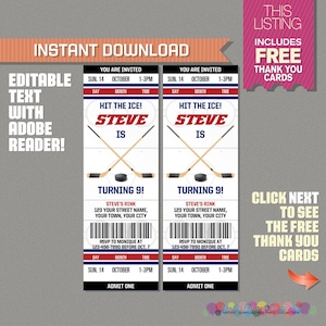 Ice Hockey Ticket Invitation with FREE Thank you Card! - Ice Hockey Birthday, Ice Hockey Party Invitation - Edit and print with Adobe Reader