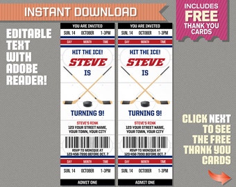 Ice Hockey Ticket Invitation with FREE Thank you Card! - Ice Hockey Birthday, Ice Hockey Party Invitation - Edit and print with Adobe Reader