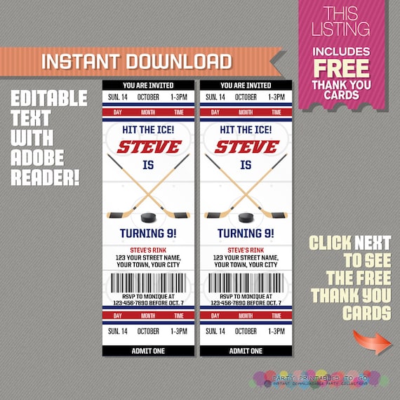 Ice Hockey Ticket Invitation With Free Thank You Card Ice Etsy
