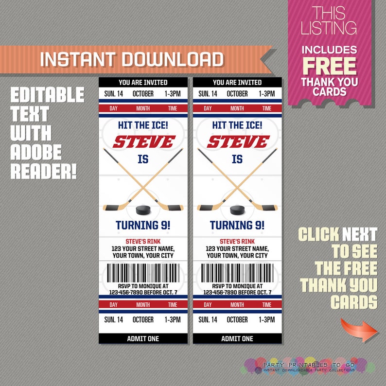 Ice Hockey Ticket Invitation With Free Thank You Card Ice Etsy