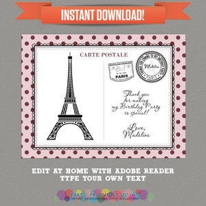 Paris Party - Parisian Party printable Thank you Cards - Editable PDF file - Print at home