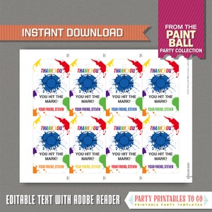 Paintball Party Favor Tags / Paintball Thank you Tag INSTANT DOWNLOAD Paintball Birthday Edit and print at home with Adobe Reader image 2