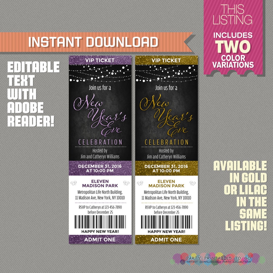 New Years Eve Celebration Ticket Invitation - INSTANT DOWNLOAD - New ...